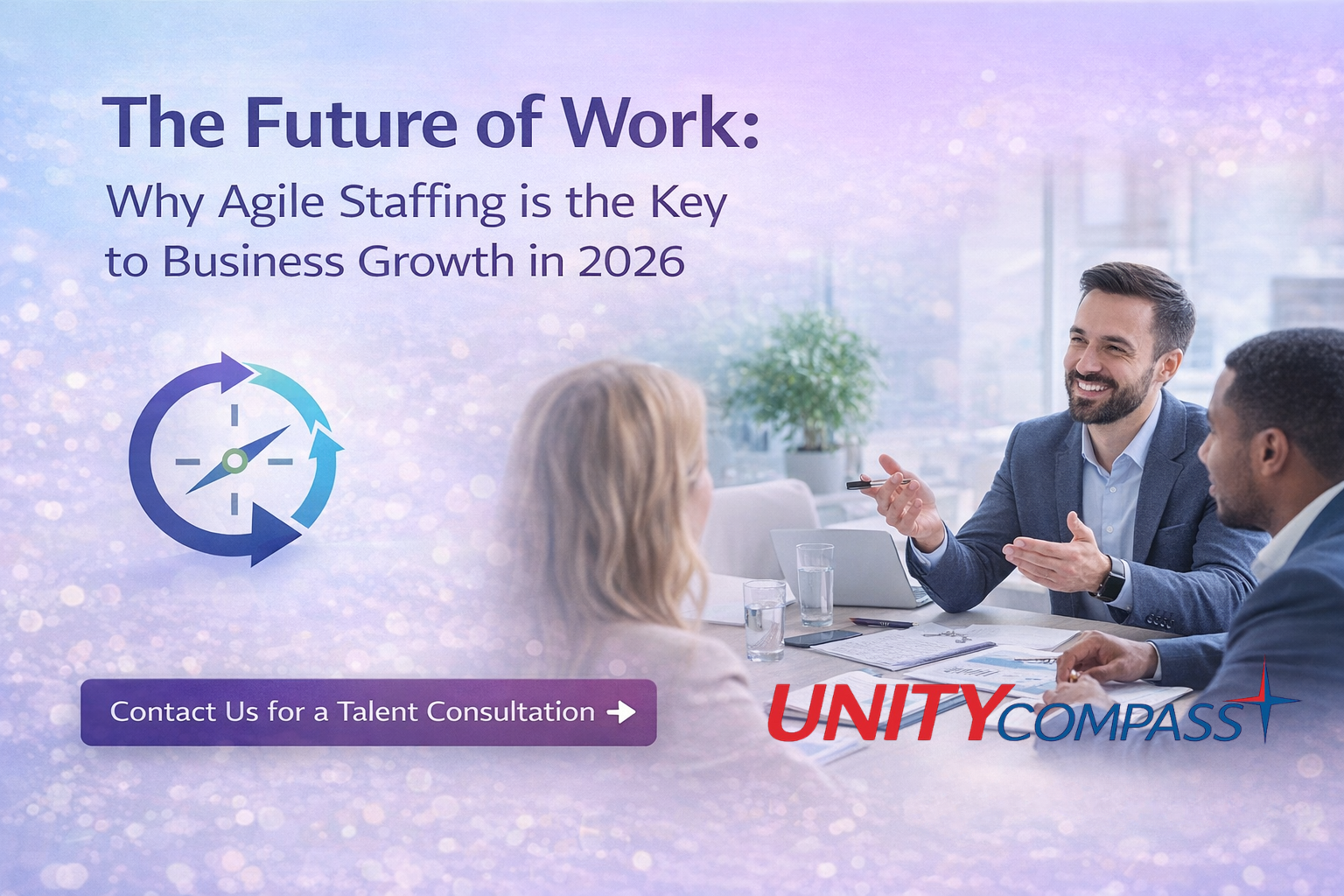 Professional team discussing agile staffing strategy in an office.